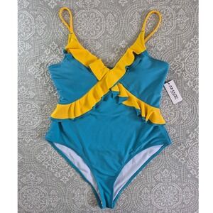 Aimage‎ Womens Ruffle One Piece Swimsuit Teal Yellow Colorblock XL New